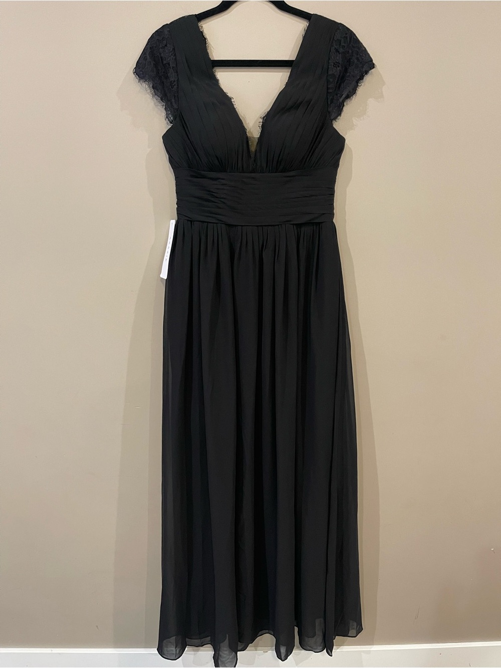 Azazie Black Lace Cap-Sleeve V-Neck Maxi Dress